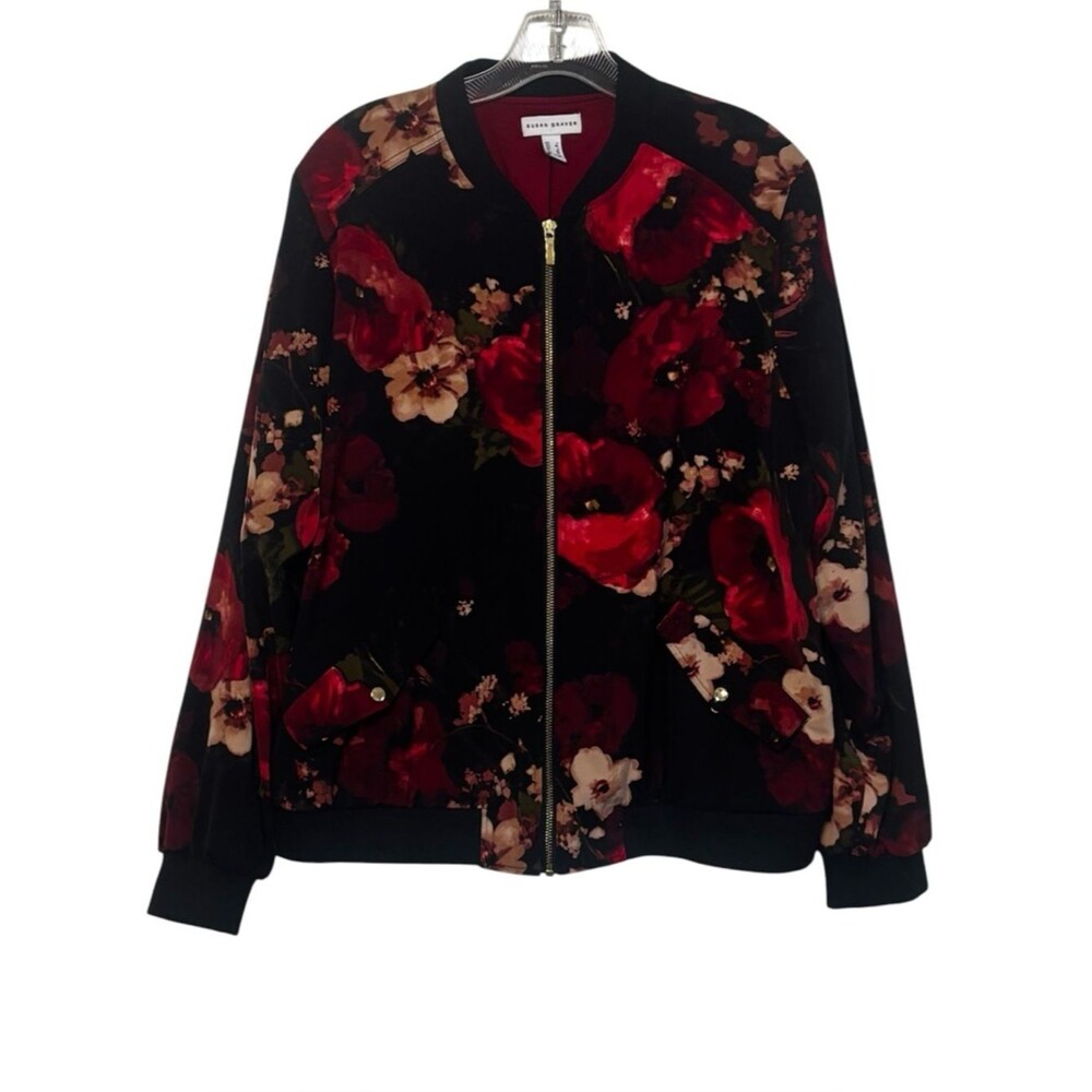Susan Graver Silky Zip Front Floral Bomber Jacket Red Black Poppy Print LARGE